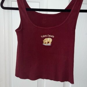 Brandie Melville Women's Burgundy Tank Top with Bear Embroidery One Size